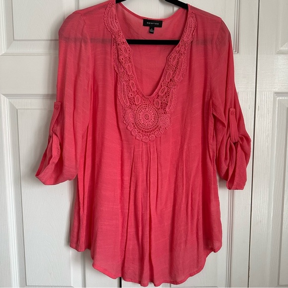 Spense Crochet Tunic Blouse Top Womens Sz L Coral Pink Bohemian Flowy Beachy - Picture 1 of 10